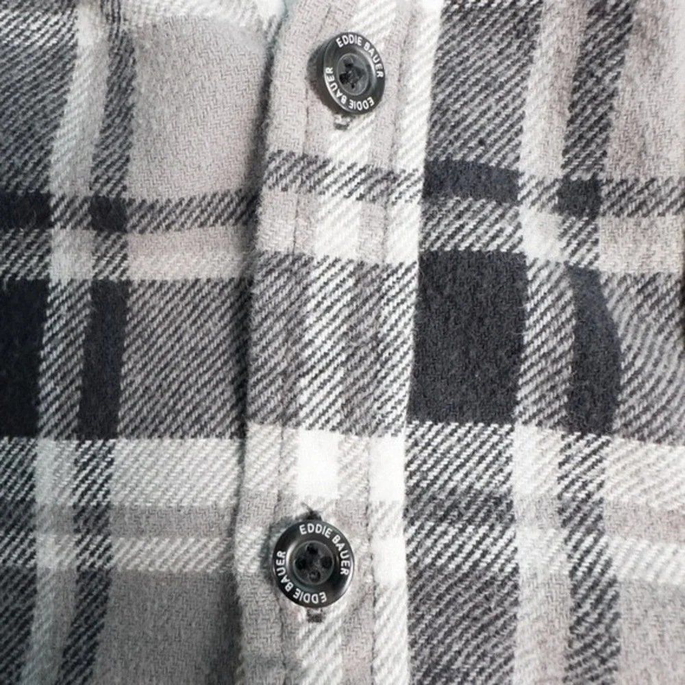 Eddie Bauer Mens Everyday Flex Flannel Plaid Button Down Shirt Large Gray Cotton